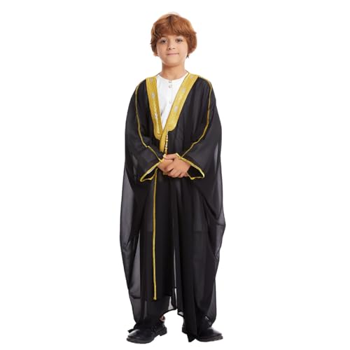 FYMNSI Boys Robe Islamic Muslim Clothes Kimono Loose Abaya Long Sleeve Embroidered Chiffon Kaftan Cardigan Casual Dubai Thobe - color: Black, size: 5-7 Years
