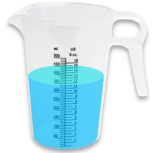 16oz (2 Cup) Measuring Pitcher, Plastic, Multipurpose - Great for Oil, Chemicals, Pool and Lawn - Ounce (oz) and Milliliter (mL) Increments (500 mL) - size: 16oz