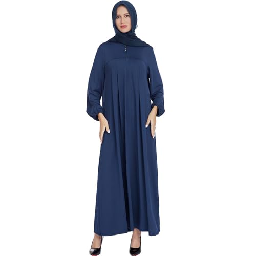 Women Muslim Casual Dress Islamic Maxi Robe Chest Zipper Abaya 1PC Soft Muslim Abaya Eid Kaftan Robe Classic Dress - color: Navya, size: Large