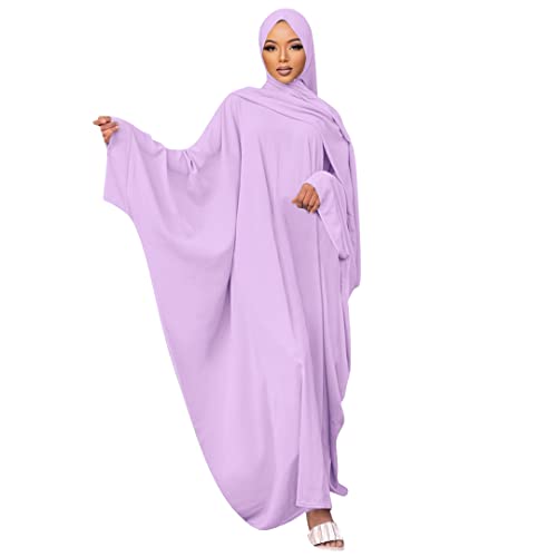 Muslim Dress for Women Pakistani Kaftan Abaya Robe + Hijab Arabic Islamic Prayer Clothes Dubai Outfits - color: Light Purple Set