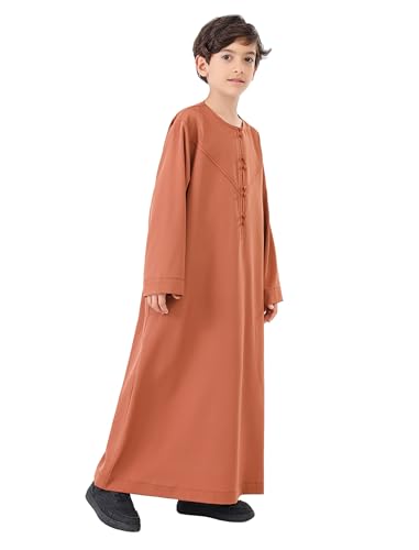 OBEEII Boy's Muslim Thobe Arab Long Sleeve Abaya Kaftan Robe Eid Ramadan Islamic Middle East Dubai Prayer Dress with Pockets - color: Camel, size: 7-8 Years