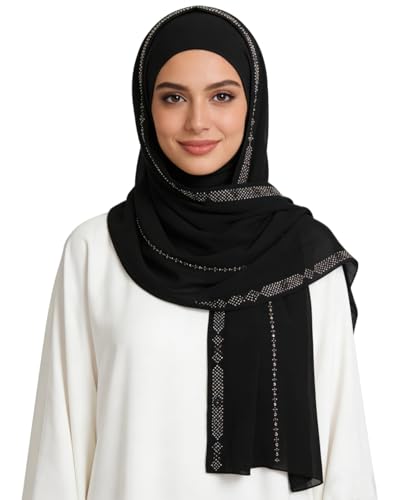RARITYUS Sparkly Rhinestone Hijab Scarf for Women Silky Chiffon Instant Muslim Islamic Hijab Head Wrap Long Shawls - color: Black