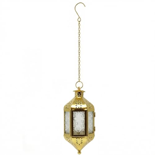 Vela Lanterns Hanging Moroccan Lamp - Exotic Decorative Patio & Porch Decor, Indoor Outdoor Tea Light Candle Lantern Holder with Chain (11" Medium, Gold)