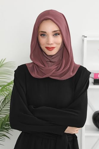 Aisha's Design Pre-tied Cotton-Chiffon Scarf for Women Practical Veil Instant Scarf Hijab Stylish Design - color: Dusty Rose