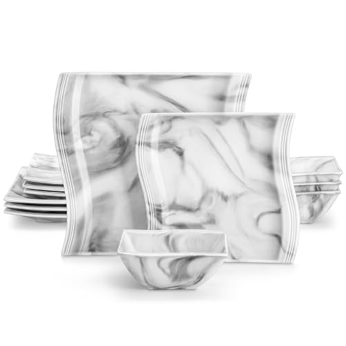MALACASA Plates and Bowls Set, 12-Piece Modern Porcelain Dinnerware for 4, Marble Square Ceramic Dish Set, Microwave and Dishwasher Safe, Flora Series - color: Marble Grey, size: 12 Piece(Service for 4)