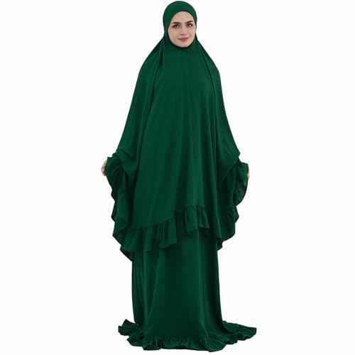 2PCS Women Muslim Prayer Abaya Dress Ruffle Trim Side Pockets with Khimar - color: Dark Green, size: Medium