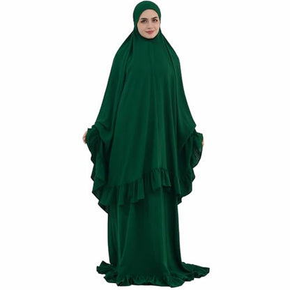 2PCS Women Muslim Prayer Abaya Dress Ruffle Trim Side Pockets with Khimar - color: Dark Green, size: Medium