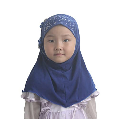 Instant Hijab for Kids Girls Hijabs Muslim Islamic Head Scarf with Rhinestone and Flowers - color: Blue