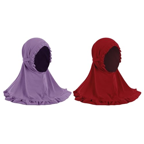 GREUS 2Pcs Kids Hijab for 2-6Y Girls Muslim Headscarf One Piece Hijabs Khimar Islam Arab Scarf Turban Bandana Hat Head Wrap - color: Set E (Light Purple + Deep Red)