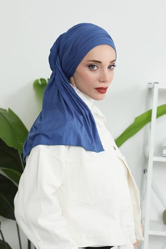 Aisha's Design Instant Hijab Scarves for Women, 95% Cotton Pretied Bonnet Turban Easy to Wear Cotton Headscarf - color: Indigo
