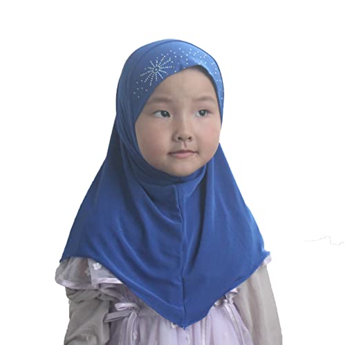 Girls Kids Muslim Hijab Islamic Scarf, Shawl with Rhinestone, Ready-to-Wear Daily Scarf for Ages 3-8 - color: Blue