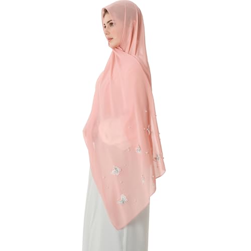 Muslim Prayer Hijab for Women Lightweight Pearl Chiffon Scarfs 3-D Butterfly Embroidery with Glitters Beads Islamic Hijab - color: Pink