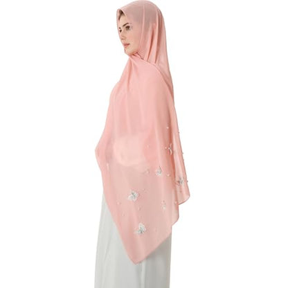 Muslim Prayer Hijab for Women Lightweight Pearl Chiffon Scarfs 3-D Butterfly Embroidery with Glitters Beads Islamic Hijab - color: Pink