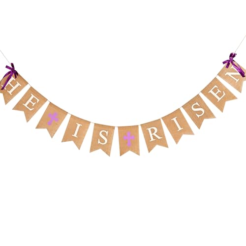 He is Risen Burlap Banner,Pre-strung Easter Banners for Fireplace Mantel Religious Church Outdoor Indoor Easter Decorations - color: Easter