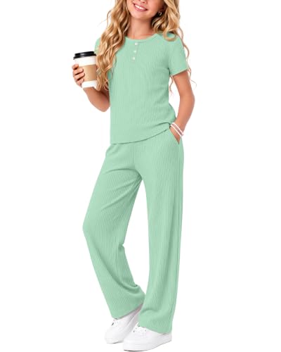Girls 2 Piece Outfits Cotton Sets - color: Mint Green, size: 7-8 Years