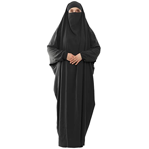 Lenmipot Muslim Prayer Dress Islamic Jilbab Eid Formal Gown 1 Piece Saudi Loose Covered Dress - color: Black, size: Free size