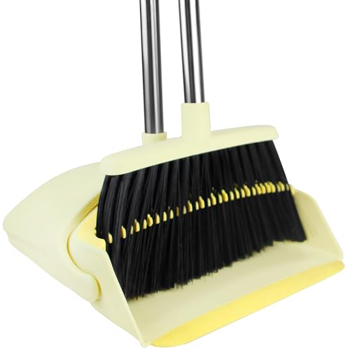 BSKLIN Broom and Dustpan Set for Home, 52" Long Handle Broom Set with Dustpan Teeth to Clean Hair Sweeping Indoor and Outdoor (Yellow) - size: Small-yellow