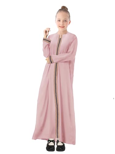 WSPLYSPJY Kids Girls Gold Embroidered Muslim Dress Abaya Long Sleeve Eid Robe Prayer Clothes - color: Light Pink, size: 7-8 Years