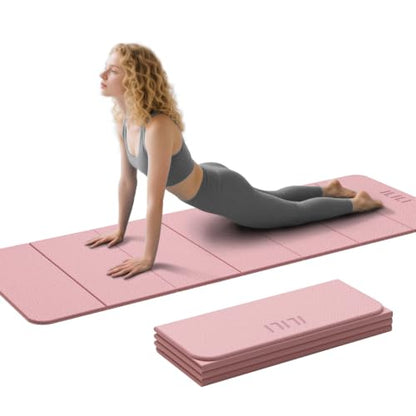 ILILI Foldable Yoga Mat 71 * 24 * 0.3 Inch | Lightweight TPE Non Slip Exercise Mat, Waterproof Portable Fitness Mat for Home Gym, Pilates, Stretching & Daily Workouts - color: Light Pink
