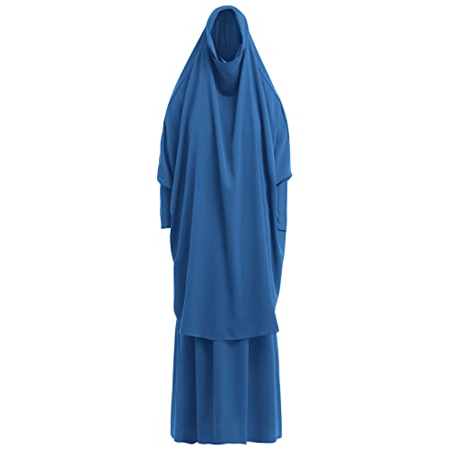 Prayer Clothes for Muslim Women Islamic Abaya Suit Maxi Skirt + Khimar Hijab 2pcss Burka Jilbab Kaftan - color: Blue