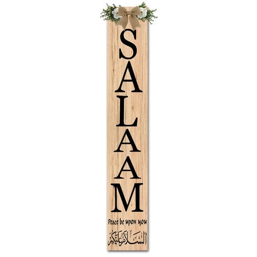 Salaam Weclome Sign for Front Door Peace Be Upon You Islamic Home Decor 8x48inch Vertical Wooden Eid Door Hanger for Muslim Islamic Wedding Gift