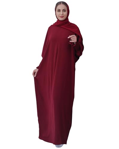 Muslim Prayer Abaya Islamic Women's Khimar Pure Color Hijab Dress Long Sleeve Dubai Kaftan - color: Winered