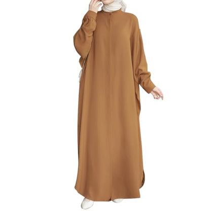 ODIZLI Women's Ramadan Abaya Muslim Batwing Sleeve Shirt Prayer Dress Kaftan Dubai Islamic Loose Maxi Dress - color: Light Brown