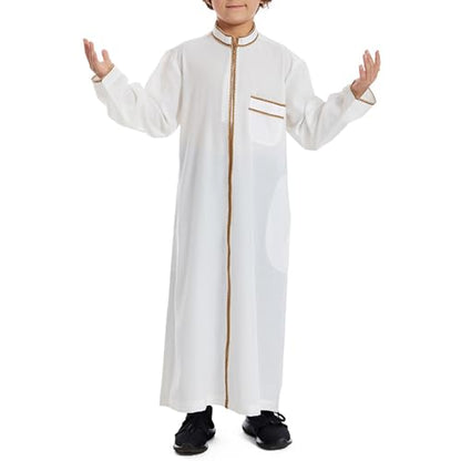 Muslim Abaya Islamic Thobe for Boys Long Sleeve Solid Festive Clothes Teen Kids Cozy Ramadan Prayer Thobe with Pocket - color: White, size: 7-8 Years