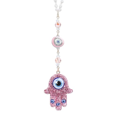 Pink Crystal Hamsa Hand Evil Eye Car Mirror Charm Ornament | Pink Crystal Hamsa Hand Evil Eye Beaded Chain Rearview Mirror Charm, Spiritual Protection Lucky Car Decor For Women Men - color: Pink
