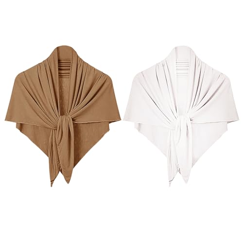 IPENNY 2 Pack Women's Soft Stretch Triangle Hijab Scarf - Self Tie Muslim Head Wrap Shawl Turban Headwrap for Muslim Ramadan - color: Coffee+beige