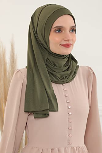 Aisha's Design Jersey Shawl for Women Instant 95% Cotton Modesty Turban Cap Hat Head Wrap Cotton Scarf - color: Army Green