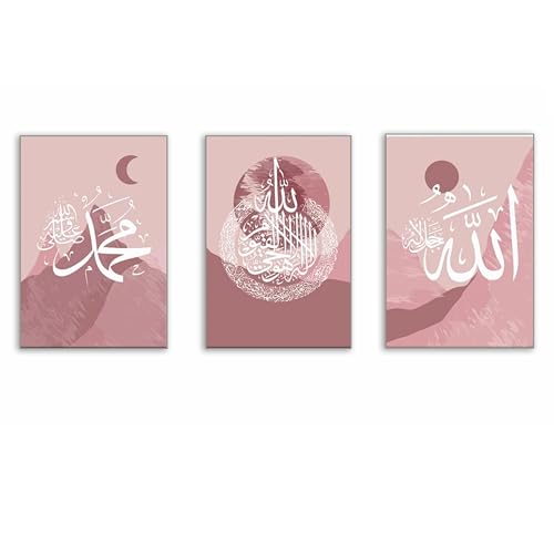 Set of 3 Pink Islamic Wall Art Canvas Painting Ayatul Kursi Posters and Prints Moon Sun Calligraphy Home Decor No frame - color: C3, size: 30cmx40cmx3pcs