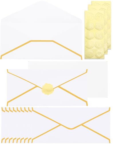 Business Envelopes with Gold Border 30 Pack #10 Envelopes Made of 150gsm Paper, Standard Envelopes with Gold Stickers for Office, Checks, Letter Mailing,9.45 x 4.13 Inches(White) - color: White