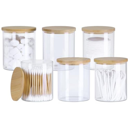 INIUNIK 6 Pack Glass Qtip Holder Dispenser with Bamboo Lid Apothecary Jars Cotton Ball Swab Holder Dispenser Bathroom Vanity Canisters Jars for Countertop Storage and Organization - size: 6 Pack
