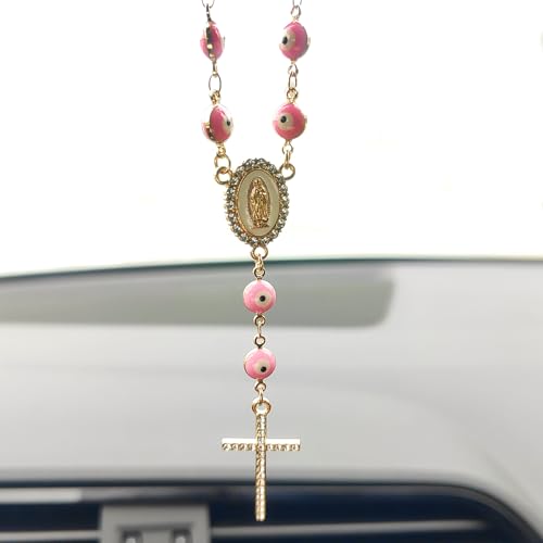 Evil Eye Rear View Mirror Accessories, Bling Cross Car Mirror Hanging Accessories Evil Blue Eye Car Decor, Hanging Ornament for Protection & Blessing - color: Pink