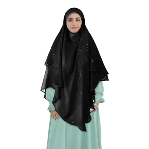 SIQITECHNO Womens Muslim Long Khimar Hijab Scarf Chiffon Sparkling Islamic Arabian Khimar Niqab Ramadan Eid Prayer Scarf Wrap - color: Black