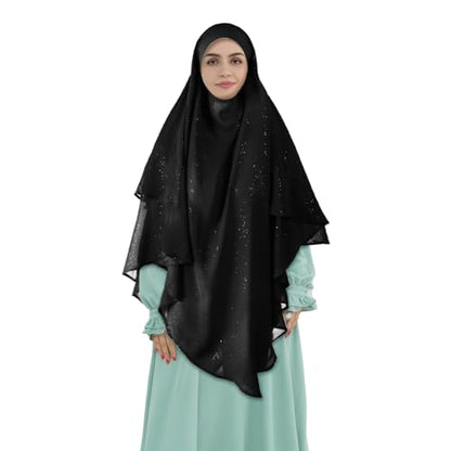 SIQITECHNO Womens Muslim Long Khimar Hijab Scarf Chiffon Sparkling Islamic Arabian Khimar Niqab Ramadan Eid Prayer Scarf Wrap - color: Black
