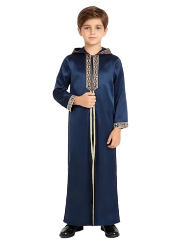 Kids Boys Thobe Muslim Prayer Clothes Saudi Dubai Robe Kaftan Zipper Dishdasha Islamic Eid Ramadan Outfits - color: Dark Blue, size: 16