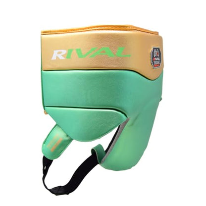 RIVAL Boxing RNFL100 Professional No-Foul Groin Protector with Laces, Dual Waist Straps, Ultra-Lightweight Construction, and Super-Rich Microfibre PU - color: Green/Gold, size: X-Large