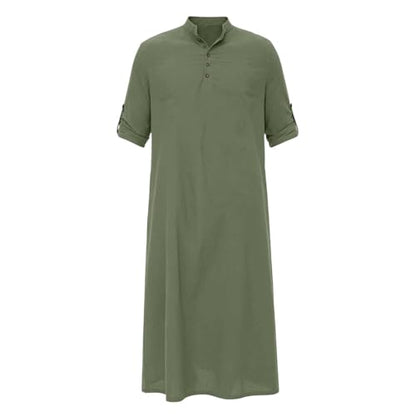 Men's Linen Kaftan Robe Button Down Long Sleeve Henley Collar Cotton Thobe Casual Loose Fit Stylish Gown Shirts - color: Army Green, size: Medium