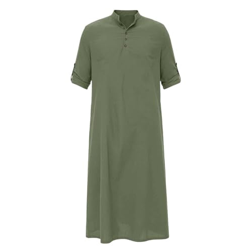 Men's Linen Kaftan Robe Button Down Long Sleeve Henley Collar Cotton Thobe Casual Loose Fit Stylish Gown Shirts - color: Army Green, size: X-Large