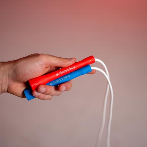 Swissskip Speed Jump Rope by Dayan Kolev, 5mm PVC Skipping Rope, Great for Beginners and Advanced Athlets, Designed for Fitness, Cardio, Boxing & CrossFit, Adjustable length with Unbreakable Handles - color: White with Red and Blue Handles