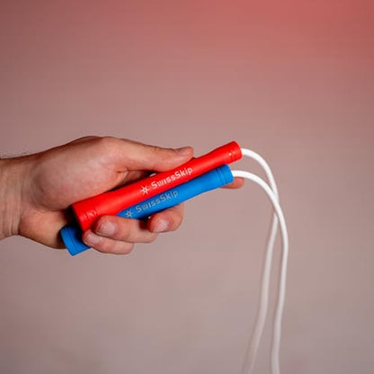 Swissskip Speed Jump Rope by Dayan Kolev, 5mm PVC Skipping Rope, Great for Beginners and Advanced Athlets, Designed for Fitness, Cardio, Boxing & CrossFit, Adjustable length with Unbreakable Handles - color: White with Red and Blue Handles