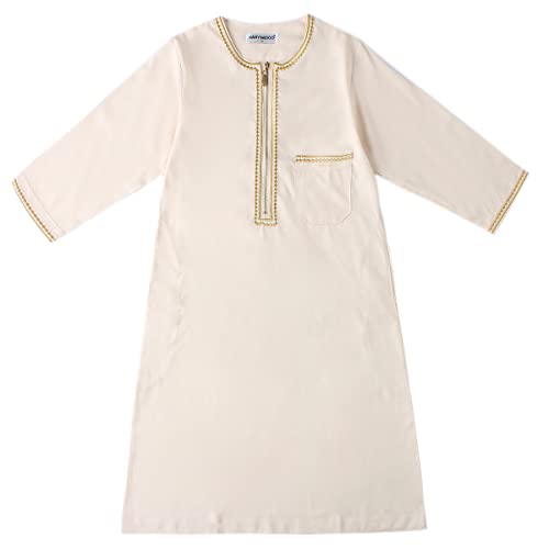 IDOPIP Muslim Boys Thobe for Kids Islamic Arabic Middle East Loose Kaftan Robes Long Zipper Prayer Thobes Dress with Pockets - color: Beige - Zipper, size: 5-6 Years