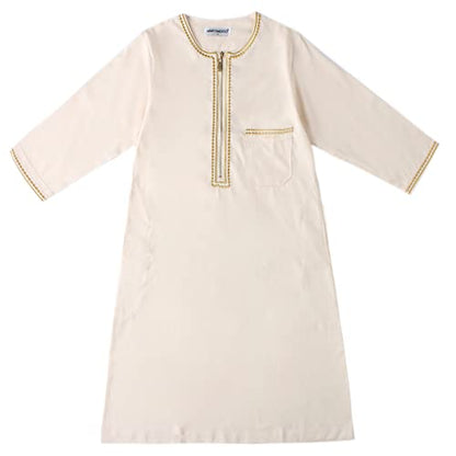 IDOPIP Muslim Boys Thobe for Kids Islamic Arabic Middle East Loose Kaftan Robes Long Zipper Prayer Thobes Dress with Pockets - color: Beige - Zipper, size: 7-8 Years