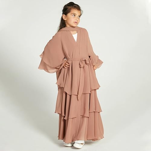 Chiffon layered Open Abaya Dubai Kaftan Muslim Cardigan Abayas Dresses For Girls Casual Robe Kimono Islam Clothing - color: Khaki, size: 5-6 Years
