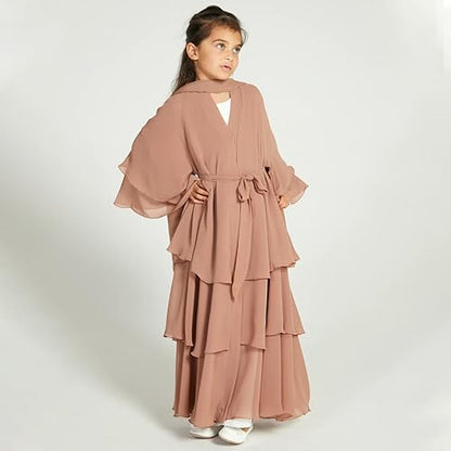 Chiffon layered Open Abaya Dubai Kaftan Muslim Cardigan Abayas Dresses For Girls Casual Robe Kimono Islam Clothing - color: Khaki, size: 5-6 Years