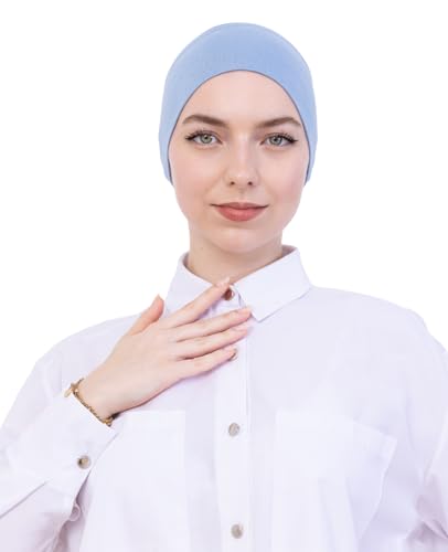 Prien Women Cotton Hijab Cap, Stretchy Head Cover, Pre-Sewn Inner Muslim Scarf Undercap, Non Slip Headband for Daily Wear - color: Blue