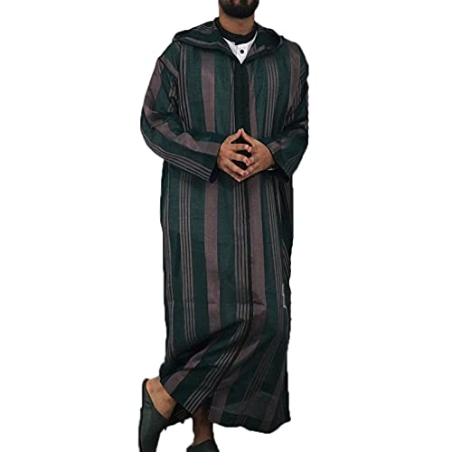 Mens Kaftan Hooded Robe Men Muslim Prayer Dress Red Stripe Gown Thobe Casual Long Shirt for Beach - size: 4X-Large