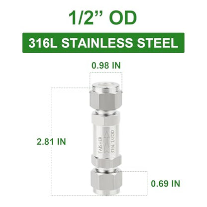 1PCS 316L Stainless Steel 1/2" Tube OD Check Valve(Ferrule Silver Plated),Backflow Prevention,One Way Non-Return Check Valves - size: 1/2" Tube OD